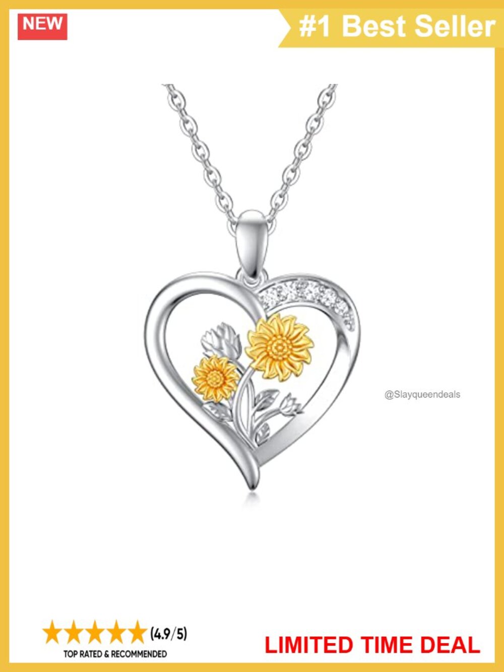 14K Real Gold Sunflower Heart Pendant Necklace with Diamond